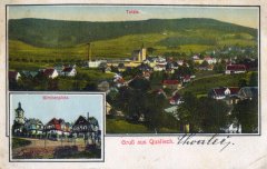 dobová pohlednice vsi s kostelem