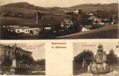 dobová pohlednice vsi s kostelem