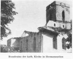 kostel po požáru v létě 1969