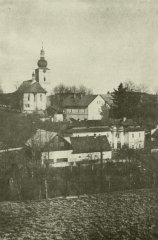 starší foto kostela, školy a fary