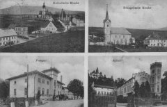 dobová pohlednice vsi s kostelem (vpravo nahoře)