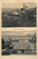 dobová pohlednice vsi s kostelem