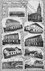 dobová pohlednice vsi s kostelem (vpravo nahoře)