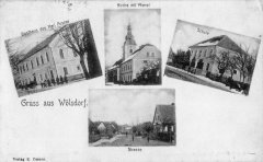 dobová pohlednice vsi s kostelem