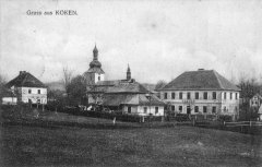 dobová pohlednice vsi s kostelem