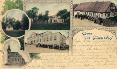 dobová pohlednice vsi s kostelem (vlevo dole)