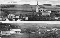 dobová pohlednice vsi s kostelem