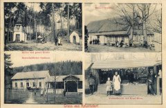 dobová pohlednice poutního areálu (kostel vlevo nahoře, v pozadí nad schodištěm)
