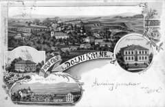 dobová pohlednice vsi s kostelem