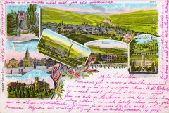 dobová pohlednice města s vrcholovou kaplí na horizontu (vpravo)