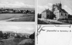dobová pohlednice vsi s kaplí (vpravo)