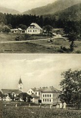 dobová pohlednice vsi s kostelem