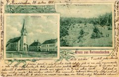dobová pohlednice vsi s kostelem