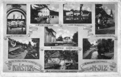 dobová pohlednice vsi s kostelem (vpravo nahoře)