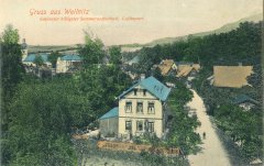 dobová pohlednice vsi s kostelem (vlevo v pozadí)