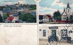 dobová pohlednice vsi s kostelem