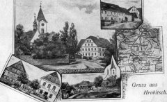 dobová pohlednice vsi s kostelem
