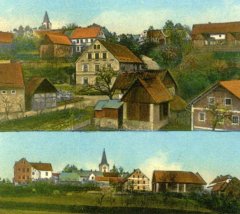 dobová pohlednice vsi s kostelem