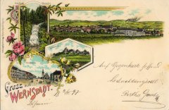 dobová pohlednice města s kostelem (vlevo dole)