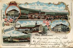 dobová pohlednice vsi s kostelem a klášterem