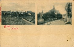 dobová pohlednice městyse s kostelem a zvonicí