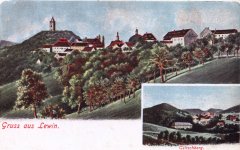 dobová pohlednice městyse s kostelem a zvonicí