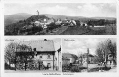 dobová pohlednice městyse s kostelem a zvonicí