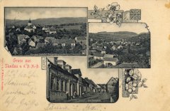 dobová pohlednice města s kostelem (vlevo nahoře)
