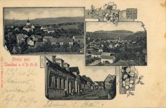 dobová pohlednice města s kostelem (vlevo nahoře)