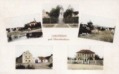 dobová pohlednice vsi s kostelem (nahoře vlevo)