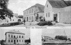 dobová pohlednice vsi s kostelem (věž vpravo dole)