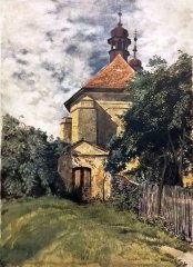 akvarel s námětem kostela