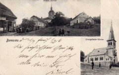 dobová pohlednice vsi s kostelem (nahoře)