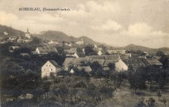 dobová pohlednice vsi s kostelem (vlevo)