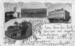 dobová pohlednice vsi s kostelem