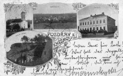 dobová pohlednice vsi s kostelem