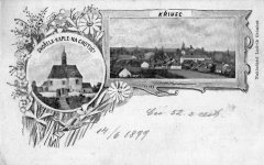dobová pohlednice městyse s kaplí před požárem