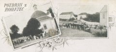 dobová pohlednice vsi s kostelem