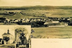 dobová pohlednice vsi s kostelem (vlevo dole)