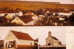dobová pohlednice vsi s kostelem (na pravém dolním snímku)