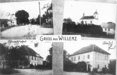 dobová pohlednice vsi s kostelem