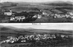 dobová pohlednice vsi s kostelem