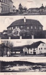 dobová pohlednice městyse s kostelem (na horním snímku)