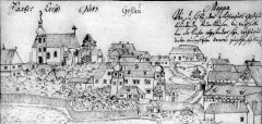 kostel na historické vedutě vsi Kozlov (vlevo)