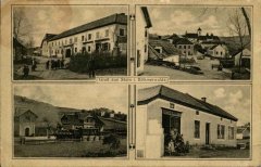 dobová pohlednice vsi s kostelem (vpravo nahoře)