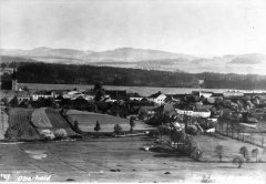 dobová pohlednice vsi s kostelem (vlevo)