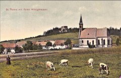 dobová pohlednice vsi s kostelem