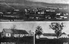 dobová pohlednice vsi s kapličkou (na horním snímku, vpravo od cesty jdoucí k obzoru)