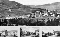 dobová pohlednice městyse s kaplí (na horním snímku, vlevo na kopci)