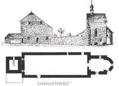 historická kresba a půdorys kostela